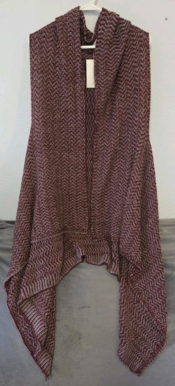 Pinkilicious Long Duster Sweater Open Cardigan Burgundy White Sleeveless S/M NWT